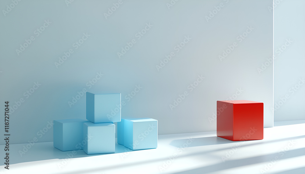 Red cube in front of blue ones on white background. Competition concept Red cube in front of blue ones on white background. Competition concept