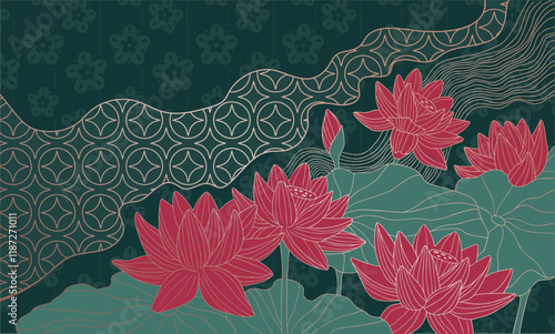 abstract art in asian style of water lily, traditional ornament	