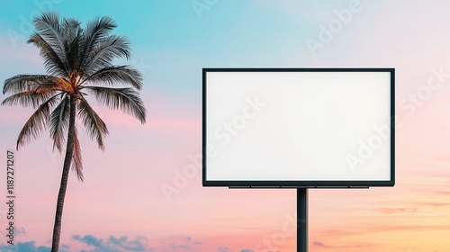 Creative billboard mockup in tropical setting coastal beach digital advertisement vibrant sunset isolated display