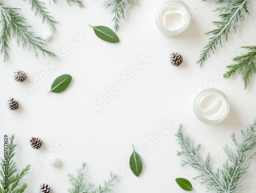 Winter Skincare Essentials Natural Beauty Flat Lay with Evergreen and Creams photo