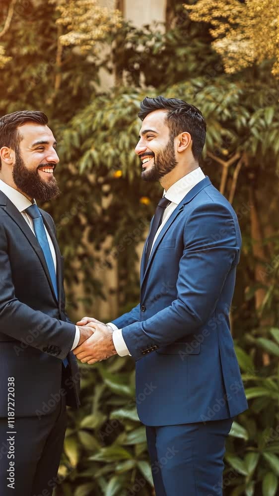 Two men in formal suits shake hands in a garden setting, showcasing friendship and professionalism during a sunny afternoon Two men in formal suits shake hands in a garden setting, showcasing friendship and professionalism during a sunny afternoon