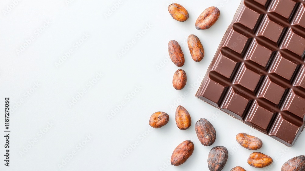 Fototapeta premium A close-up of rich chocolate bars alongside raw cocoa beans on a light background, highlighting the natural ingredients of chocolate.
