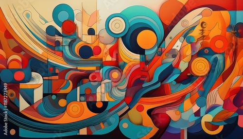 Vibrant and Eclectic Abstract Artwork A Symphony of Colors and Geometric Shapes Swirling in a Dynamic Composition photo