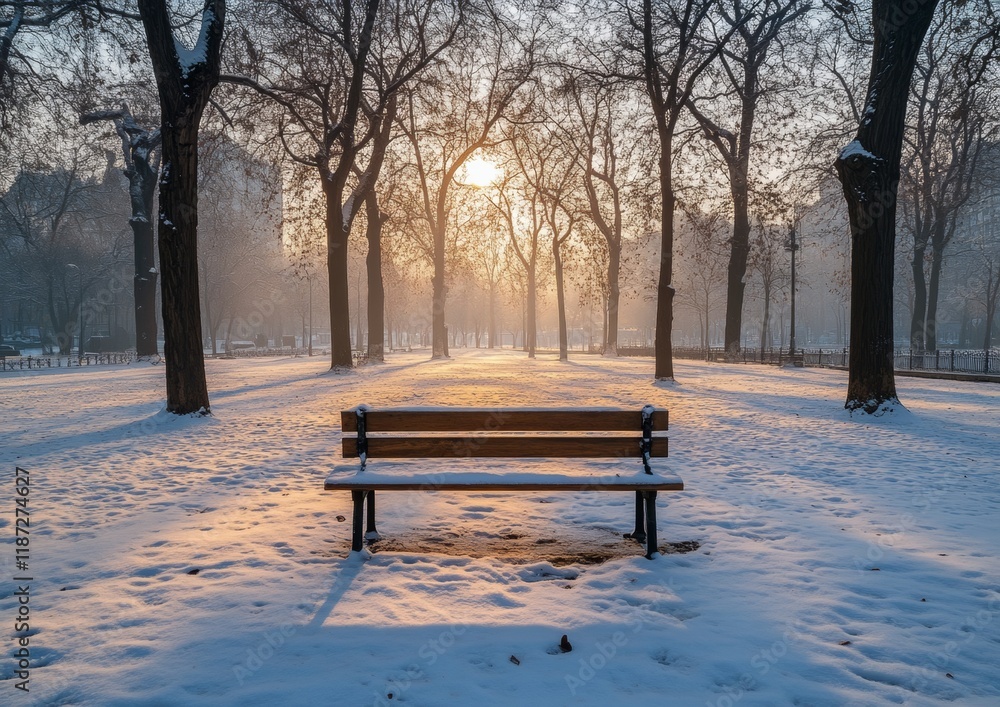 Serene Winter Park at Dusk Empty Snow-Covered Bench and Tall Trees Serene Winter Park at Dusk Empty Snow-Covered Bench and Tall Trees