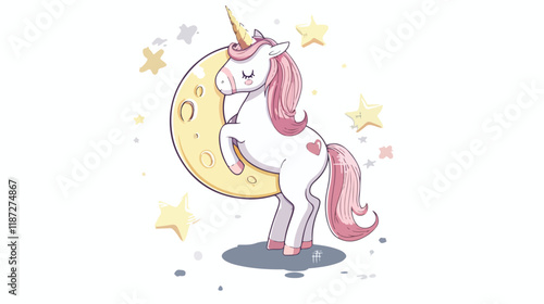 Majestic Unicorn Standing on Moon - Vector Illustration