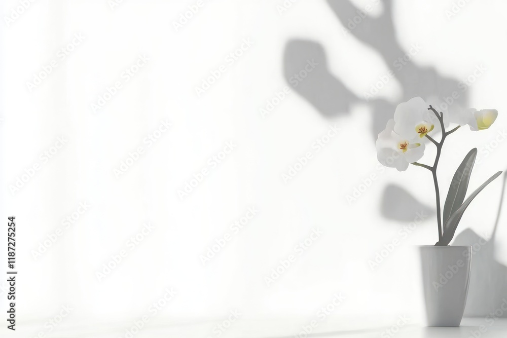 Orchid Twig Overlay on White Wall: Abstract Natural Background with Space for Text and Defocused Shadows Orchid Twig Overlay on White Wall: Abstract Natural Background with Space for Text and Defocused Shadows