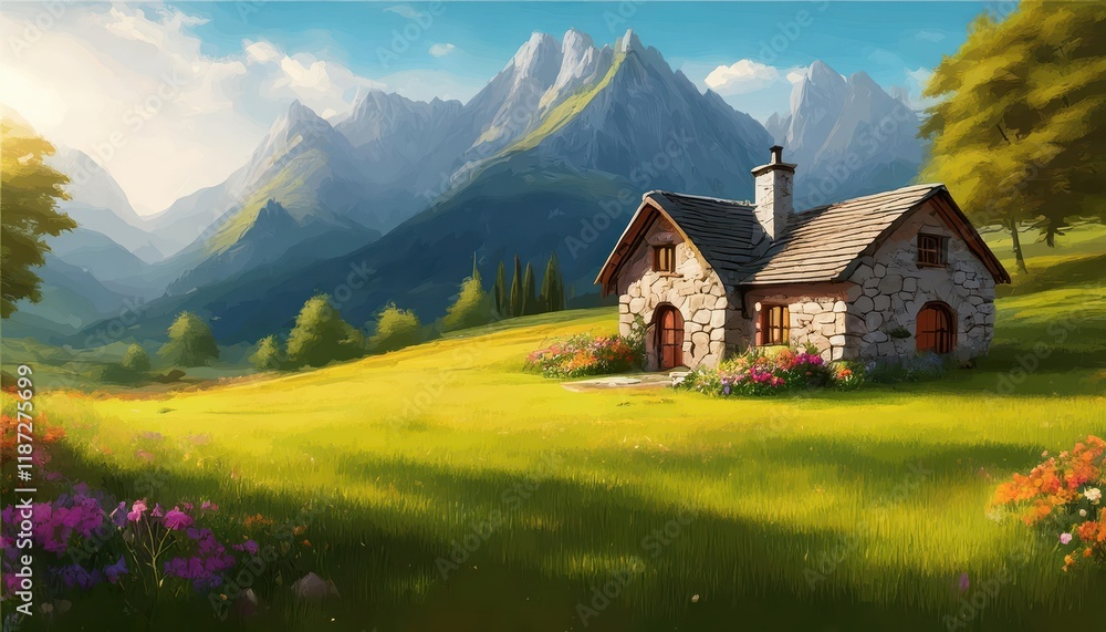 Idyllic Stone Village House Amidst a Lush Grass Field and Majestic Mountains Picturesque Scene of Rustic Charm in Natures Embrace Idyllic Stone Village House Amidst a Lush Grass Field and Majestic Mountains Picturesque Scene of Rustic Charm in Natures Embrace