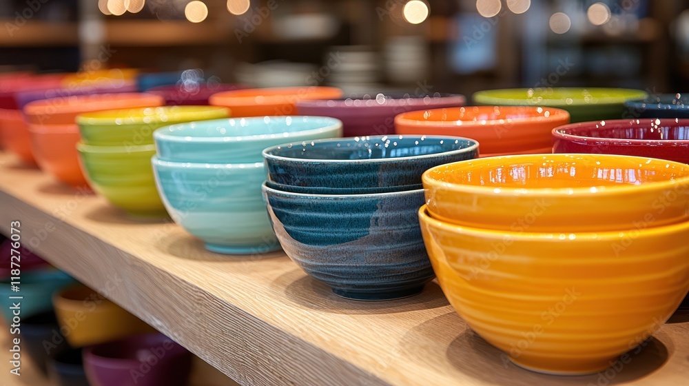 Colorful bowls arranged on a wooden shelf. Colorful bowls arranged on a wooden shelf.