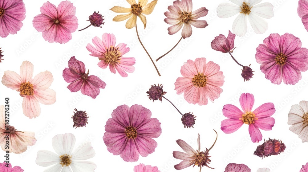 flat pressed dried flower pattern isolated on white background flat pressed dried flower pattern isolated on white background
