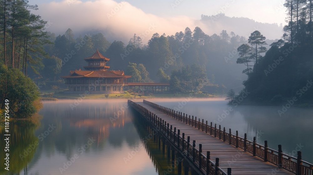 Fototapeta premium Misty morning at serene lake temple.