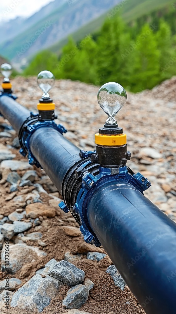 A blue water main plant features two large pipes with gate valves, captured in natural light highlighting the sharp details A blue water main plant features two large pipes with gate valves, captured in natural light highlighting the sharp details
