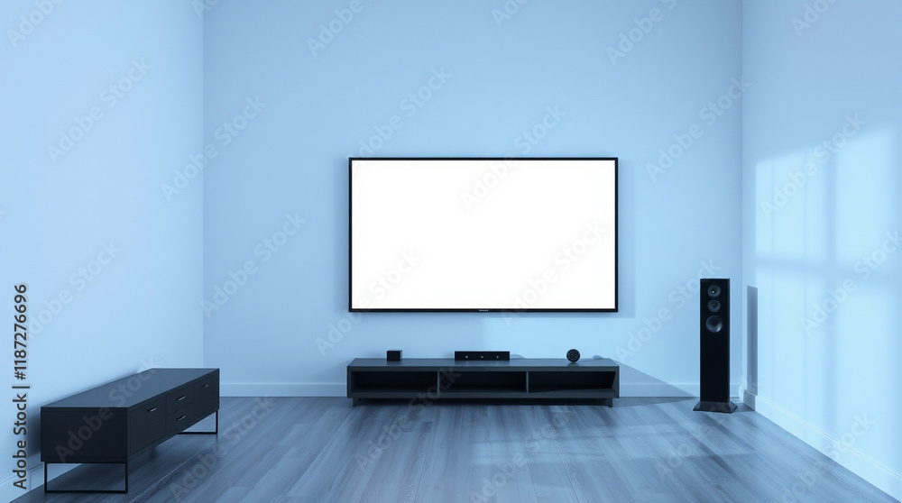 Modern home theater setup with large blank screen TV, sleek media console, and floor-standing speakers. Enjoy cinematic entertainment in style! Modern home theater setup with large blank screen TV, sleek media console, and floor-standing speakers. Enjoy cinematic entertainment in style!
