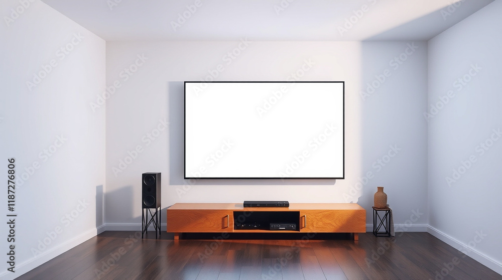 Modern living room with large flat blank screen TV, wooden media console, and sleek speakers. Minimalist and clean design. Modern living room with large flat blank screen TV, wooden media console, and sleek speakers. Minimalist and clean design.