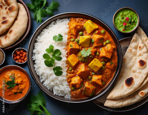 Wallpaper Mural vegetarian indian food flat lay white rice matar paneer naan roti aloo gobi generative ai Torontodigital.ca
