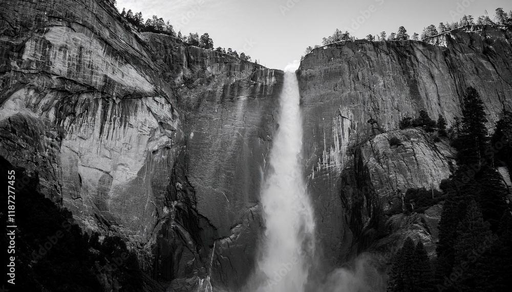 Fototapeta premium Majestic waterfall cascading down sheer granite cliffs. Breathtaking monochrome landscape.
