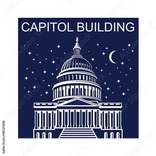 United States Capitol building icon in Washington DC isolated on blue background