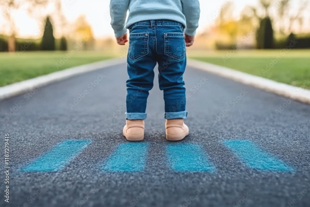 Young caucasian child standing on road with blue stripes wearing jeans Young caucasian child standing on road with blue stripes wearing jeans