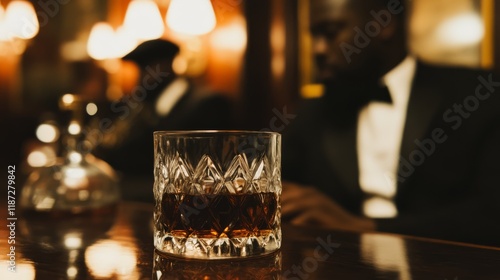 A bar with dim lighting and decorative elements, featuring a copy space.