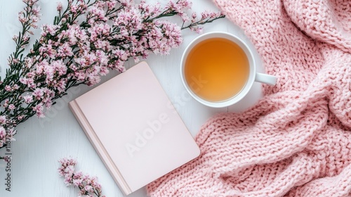 A cozy corner featuring a pink blanket, a cup of tea, a pink notebook, and pink flowers on a white surface