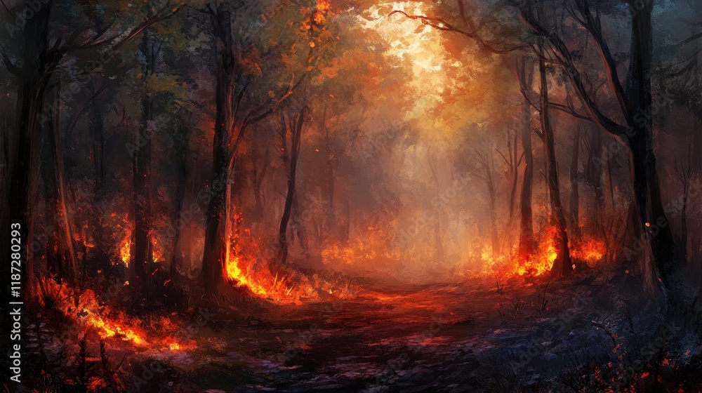 Enchanted Forest with Fire and Glowing Foliage Enchanted Forest with Fire and Glowing Foliage