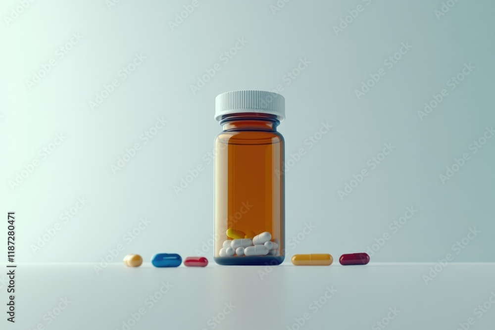 Medicine bottle with pills on white surface Medicine bottle with pills on white surface