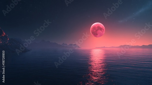 Radiant red moonlight painting tranquil waves under a vast sky image photo