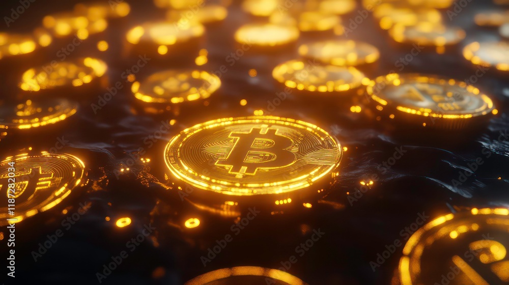 Glowing gold Bitcoin cryptocurrency coins floating on dark liquid. Glowing gold Bitcoin cryptocurrency coins floating on dark liquid.