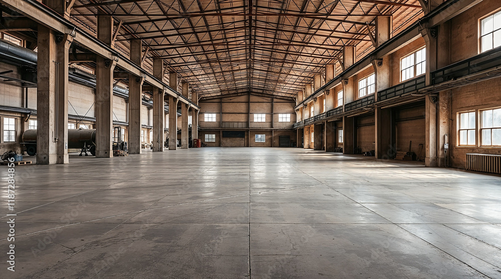 Empty industrial warehouse with concrete floor and metal roof structure Empty industrial warehouse with concrete floor and metal roof structure