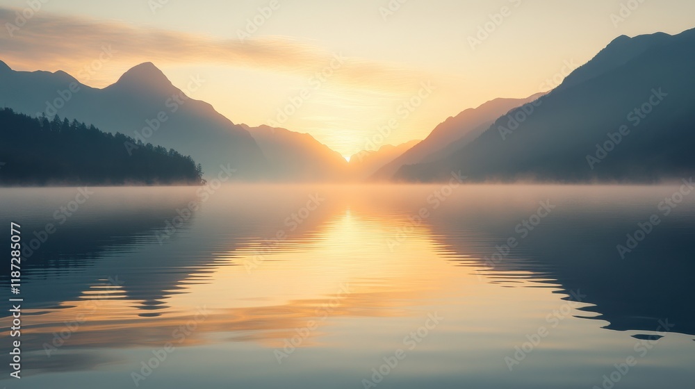 Sunrise over calm lake with rugged mountains and pastel sky Sunrise over calm lake with rugged mountains and pastel sky