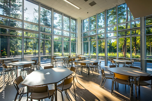 Classroom setting with glass walls and sunlight streaming through the windows creating a bright environment