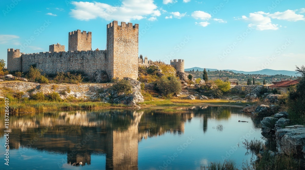 front View of Castle with the moat and natural landscape front View of Castle with the moat and natural landscape