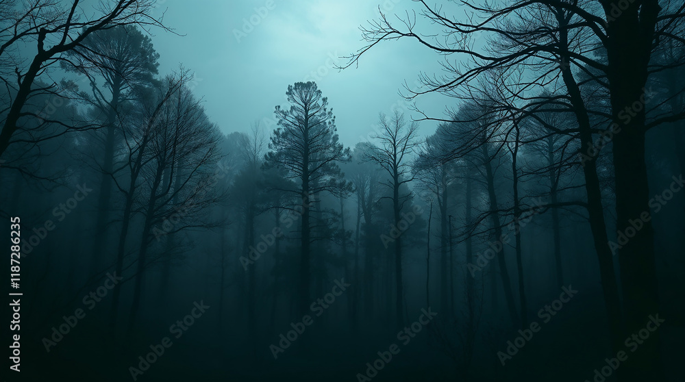 Fototapeta premium Dark creepy forest shrouded in fog under moonlight