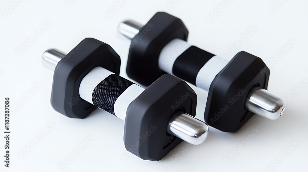 Two black and white dumbbells with a black and white band Two black and white dumbbells with a black and white band