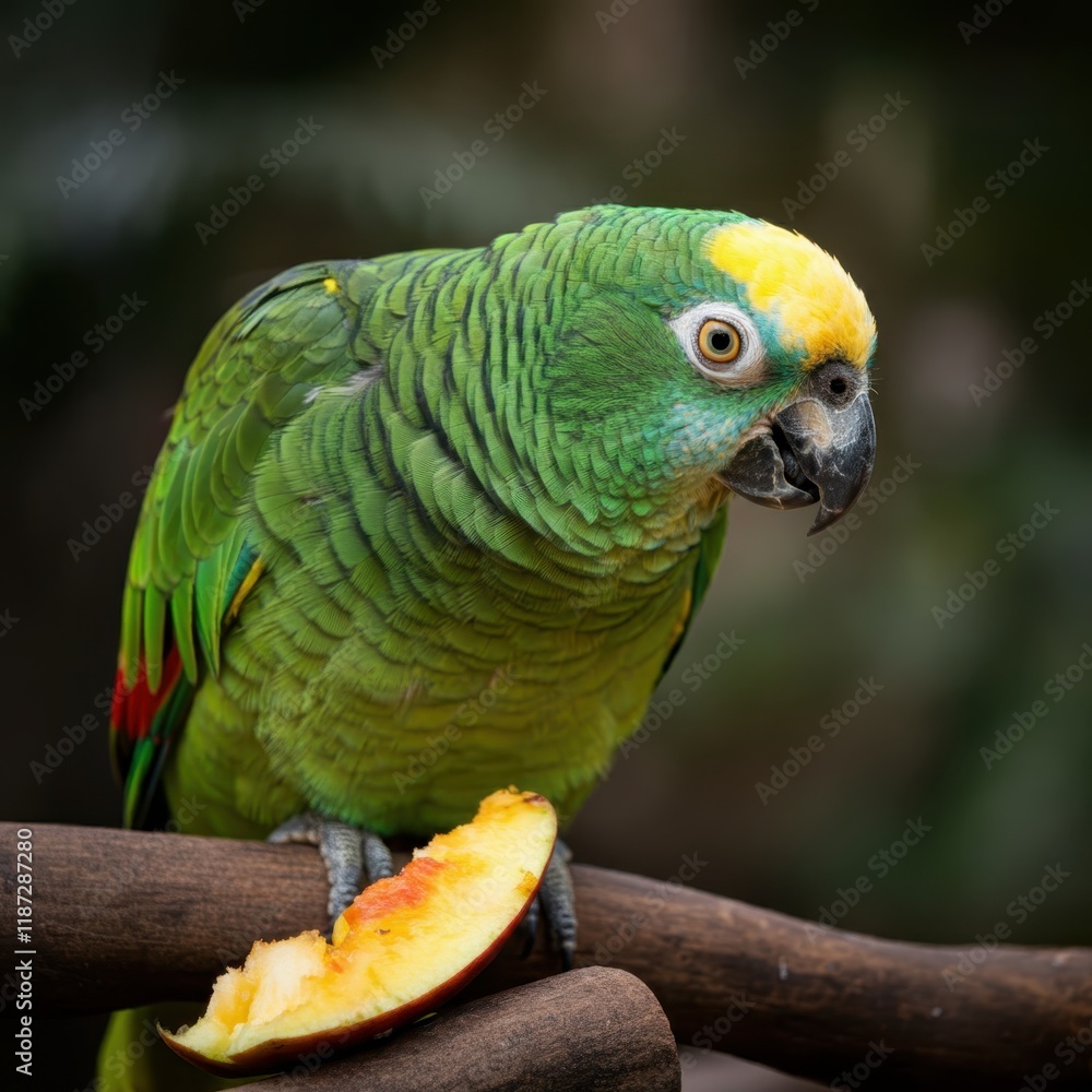 Obraz premium Vibrant green parrot, yellow head feathers, orange eyes, curved beak, perched on branch, colorful plumage, Amazon parrot species, tropical bird, close-up portrait, blurred background, wildlife photogr