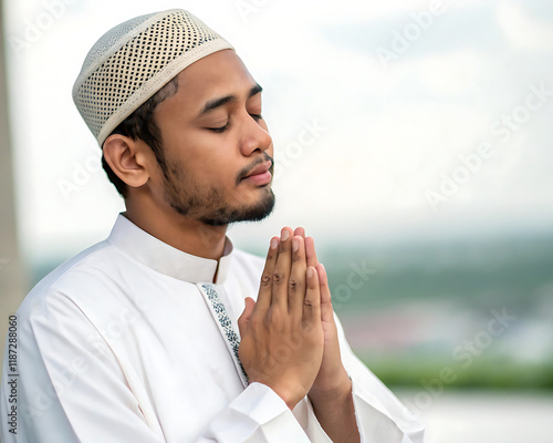 Muslim man praying in the mosque photo