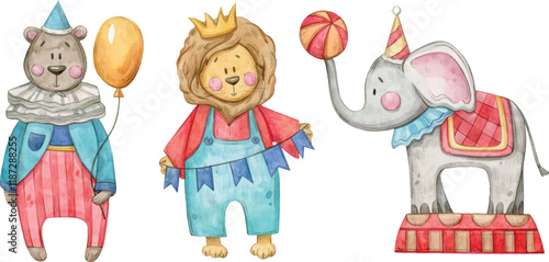 Watercolor hand painted Circus animals set. Illustration isolated on white background. Elephant, bear, lion. Use it for postcards, invitations, and scrapbooking.