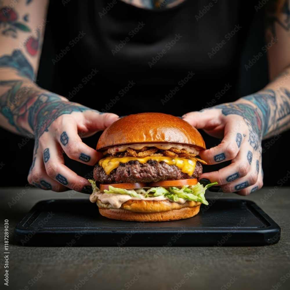 Leather jacket close-up, hands holding large burger, moody lighting, dark background, square composition, food photography, gourmet burger, shiny bun, melted cheese, rustic plate, indulgent meal, dram Leather jacket close-up, hands holding large burger, moody lighting, dark background, square composition, food photography, gourmet burger, shiny bun, melted cheese, rustic plate, indulgent meal, dram
