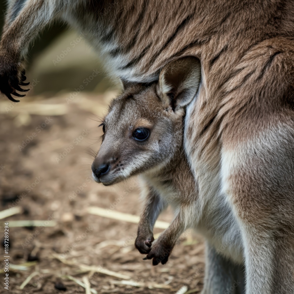 Photorealistic wallaby portrait, close-up, soft fur texture, alert ears, gentle eyes, natural lighting, blurred background, Australian wildlife, neutral tones, detailed whiskers, outdoor setting, high