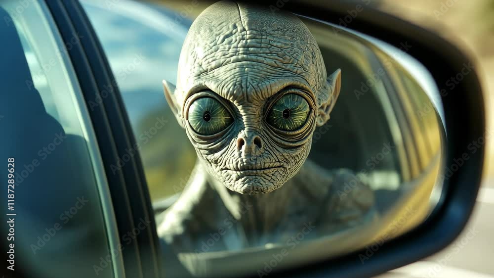 Unusual encounter reflected in rear view mirror during a drive on a remote road, Alien appearing in rear view mirror of moving vehicle Unusual encounter reflected in rear view mirror during a drive on a remote road, Alien appearing in rear view mirror of moving vehicle