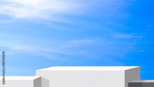 White podium stand stage against blue summer sky background, Minimal 3d platform step backdrop for cosmetic product display presentation, illustration