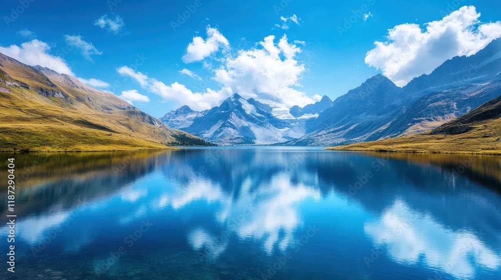 Naklejka premium Tranquil lake with mountain ranges and blue sky reflections