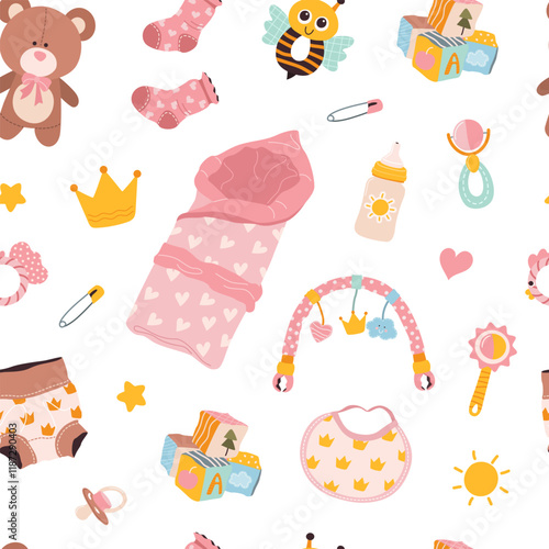 Seamless baby pattern for girls with essentials and toys. Charming print for infants in a playful style. Ideal for wrapping paper, textiles, nursery decor, and baby shower designs. Vector illustration