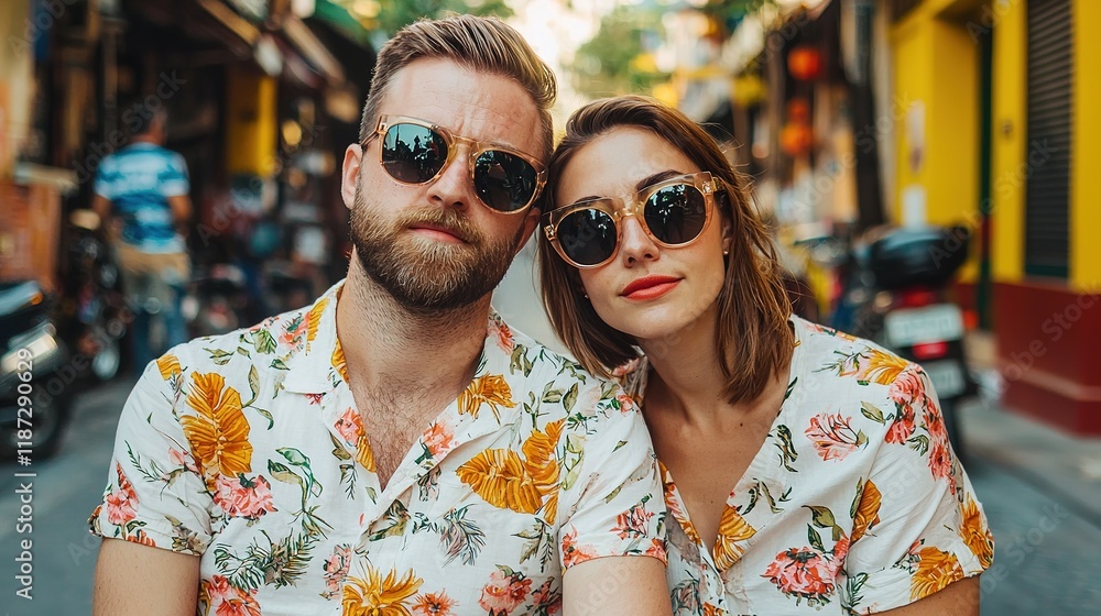 Obraz premium Couple in stylish matching outfits posing in vibrant street setting urban lifestyle photography