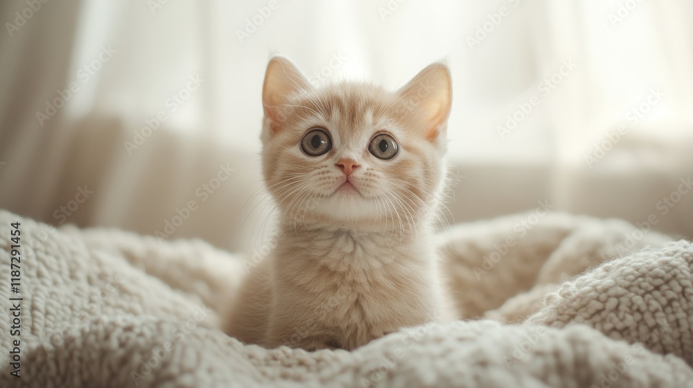 A curious light-colored kitten with large blue eyes sitting on a soft, textured blanket in a softly lit environment A curious light-colored kitten with large blue eyes sitting on a soft, textured blanket in a softly lit environment