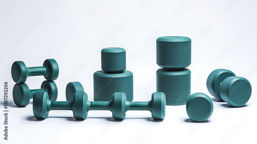 A row of green dumbbells are lined up on a white background A row of green dumbbells are lined up on a white background