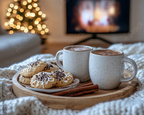 Wallpaper Mural Cozy Holiday Movie Night Scene with Hot Chocolate and Cookies on Plaid Blanket Torontodigital.ca