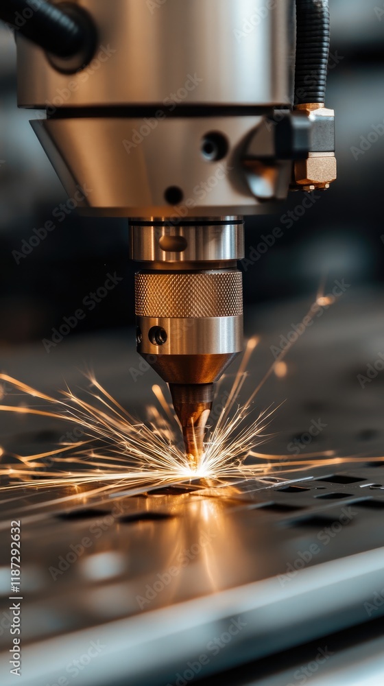 Industrial laser welding machine works effectively, creating sparks against a light blue backdrop in a professional environment Industrial laser welding machine works effectively, creating sparks against a light blue backdrop in a professional environment