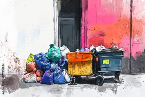 urban sketch of trash bags piling up next to a street vendor's cart in downtown New York NYC, with a blend of chaos and color photo