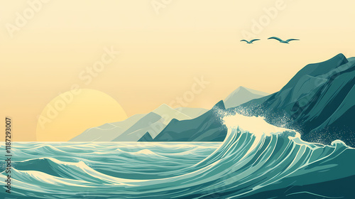 Coastal scenery featuring spindrift in a dynamic ocean setting, coastal scenery with ocean spindrift in motion. spindrift. illustration. Sundrift. Illustration