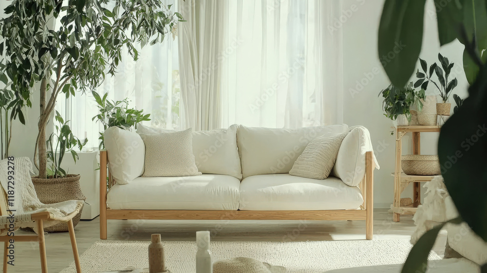 Fototapeta premium A minimalist Scandinavian-style living room featuring a white sofa, light wood furniture, and green plant accents, creating a bright and airy space with a cozy and inviting atmosphere.